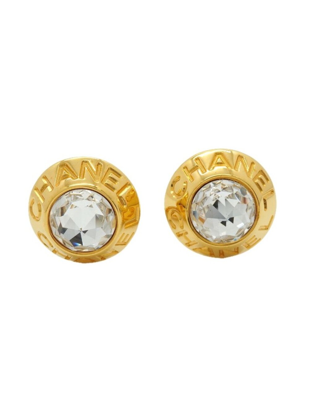 Chanel Earrings Vintage Logo Round Circle Gold Plated Rhinestone